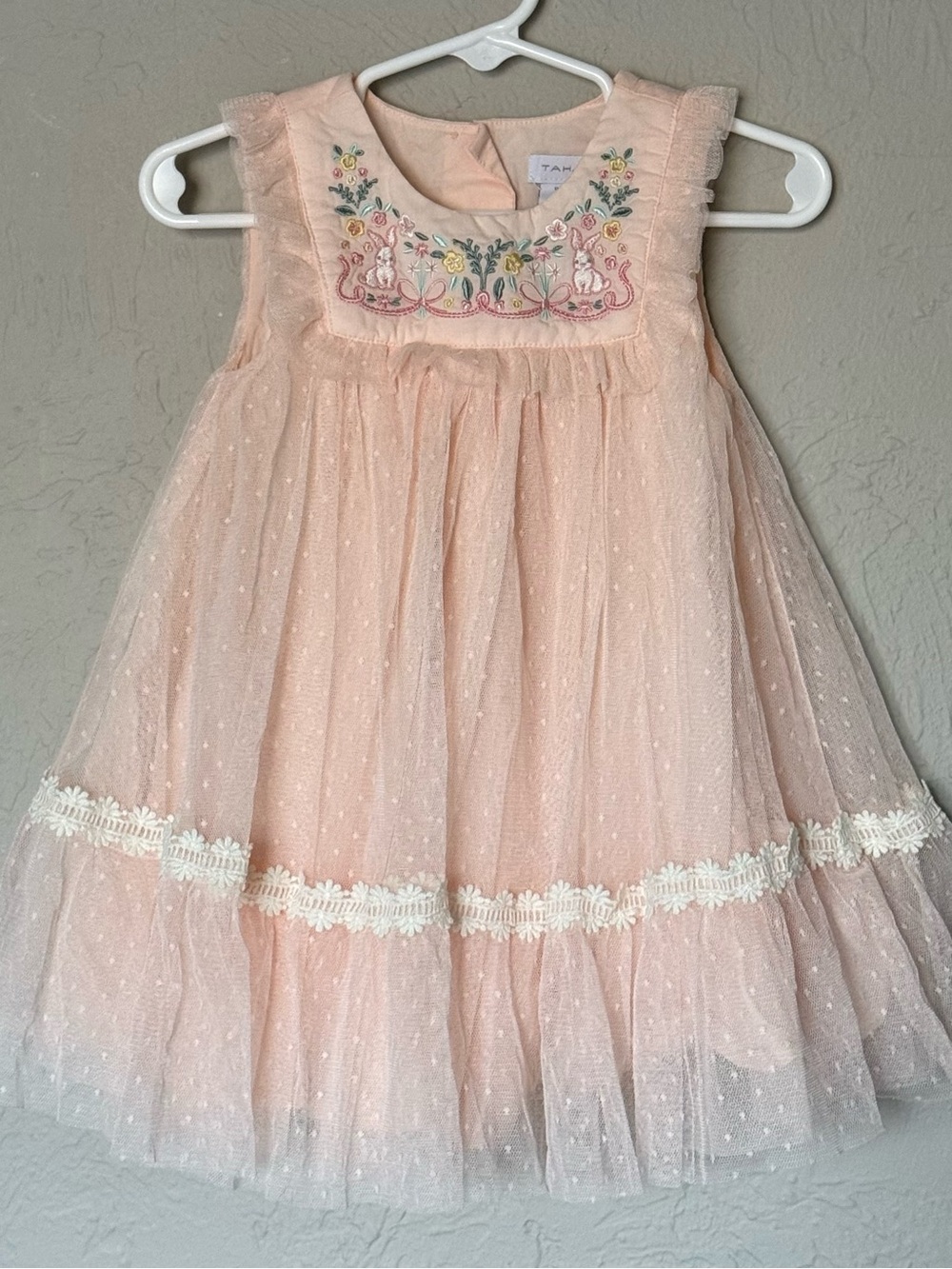 Tahari Peach Embroidered Tulle Party Dress